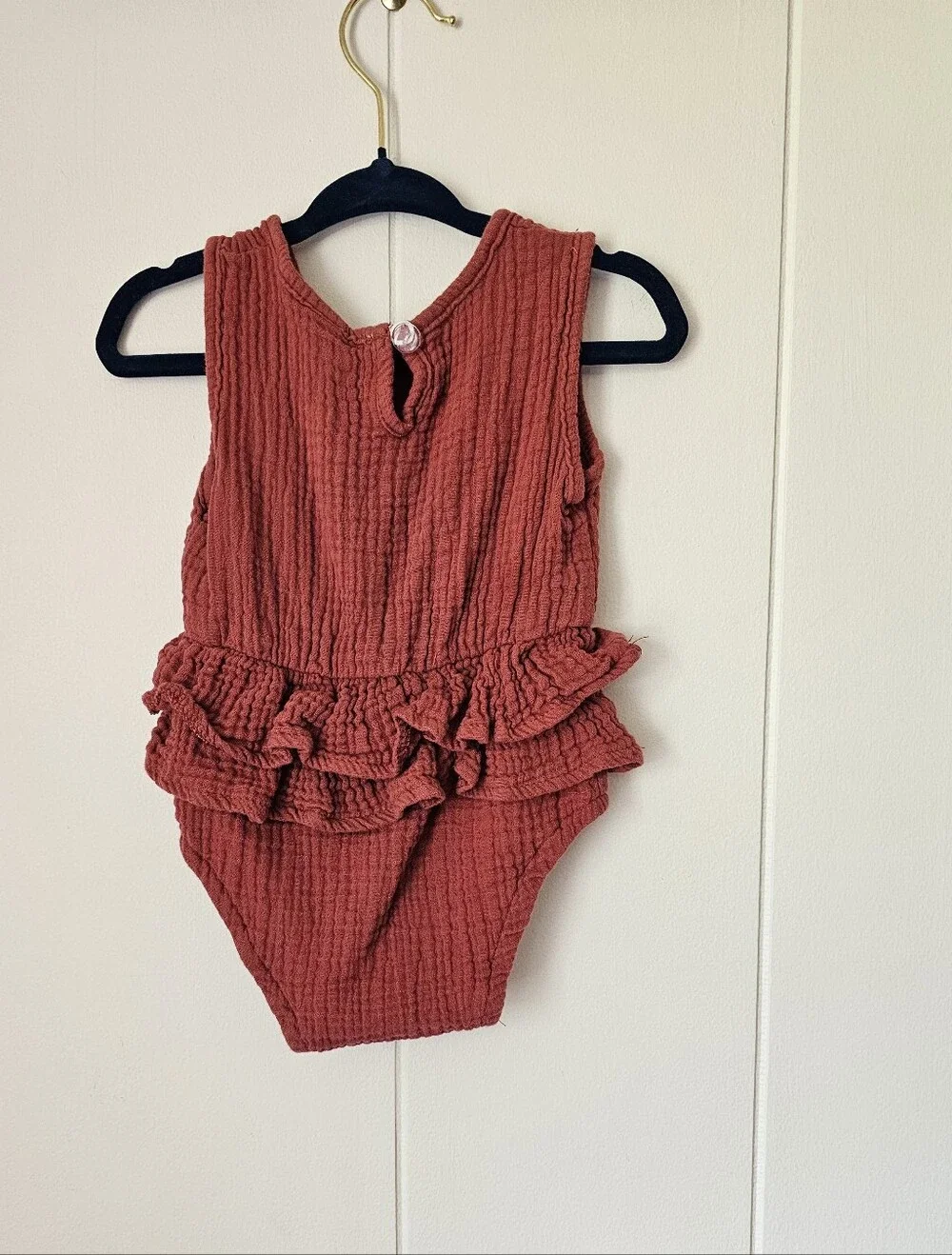 Girls Red Ruffle Muslin One-Piece Romper - Picture 5 of 7